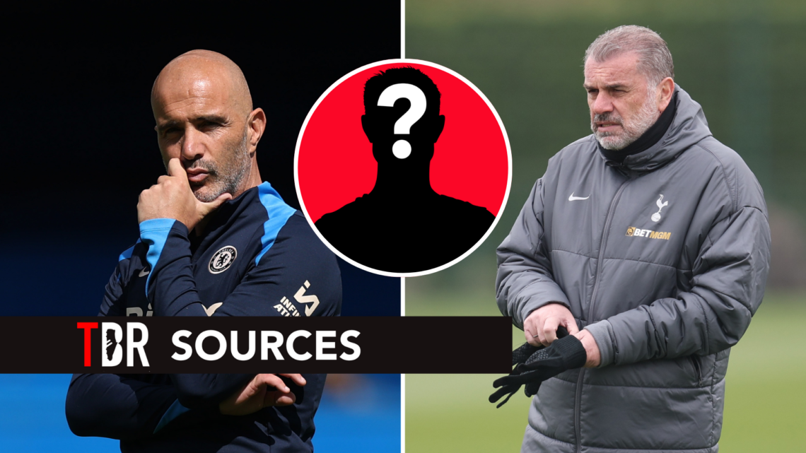 Split image of Chelsea manager Enzo Maresca (L) and Tottenham Hotspur manager Ange Postecoglou (R). Inset of mystery player.