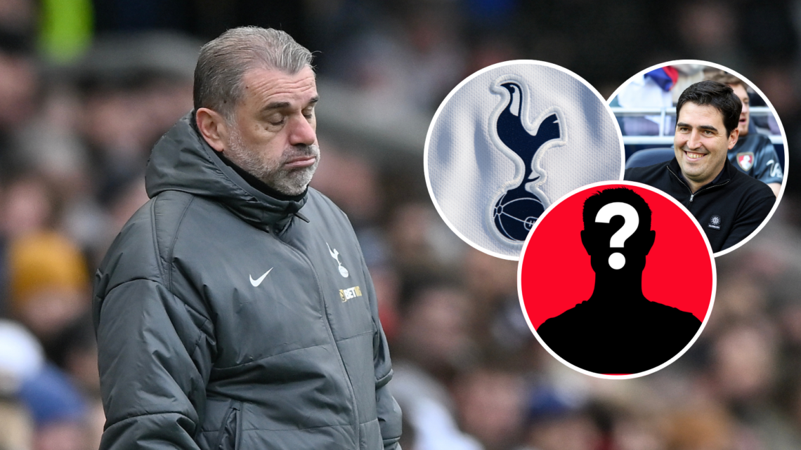 Tottenham Hotspur manager Ange Postecoglou. Insets of Bournemouth's Andoni Iraola, Tottenham badge and mystery manager.