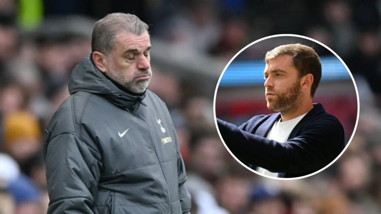 Image of Ange Postecoglou looking dejected during a Tottenham game with a circular inset of Fabrizio Romano