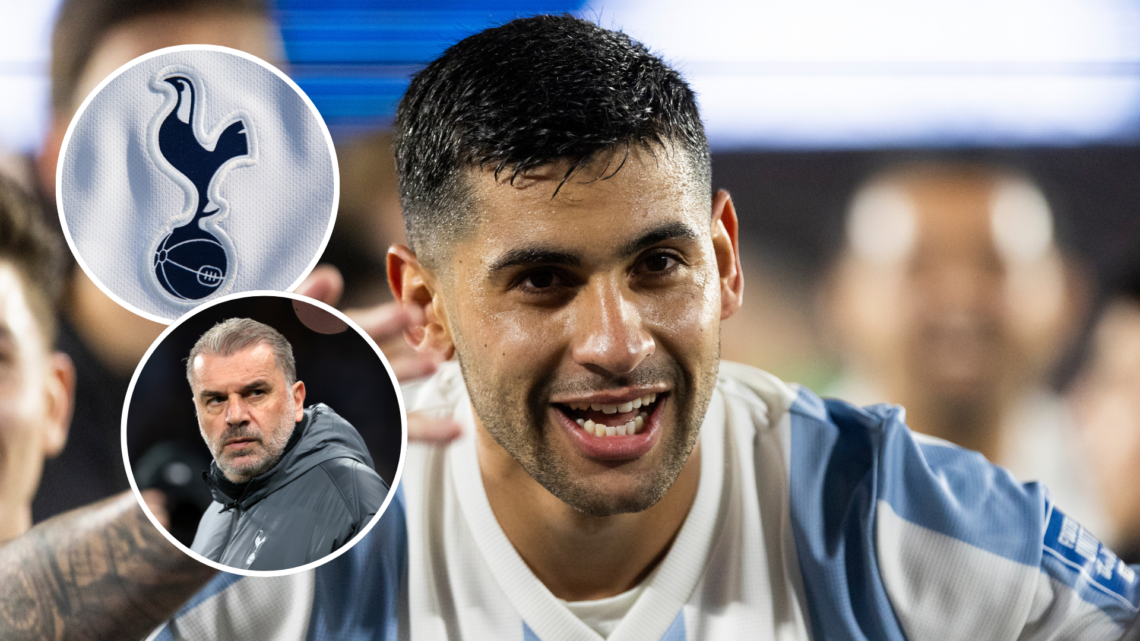 Aregntina defender Cristian Romero. Inset of Tottenham manager Ange Postecoglou and Tottenham badge.