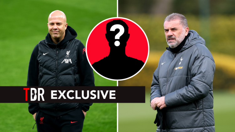 Split image of Liverpool manager Arne Slot (L) and Tottenham Hotspur manager Ange Postecoglou (R). Inset of mystery player.