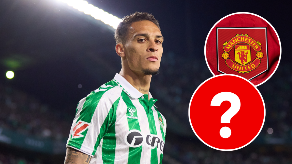 Real Betis forward Antony. Inset of Manchester United badge and question mark.