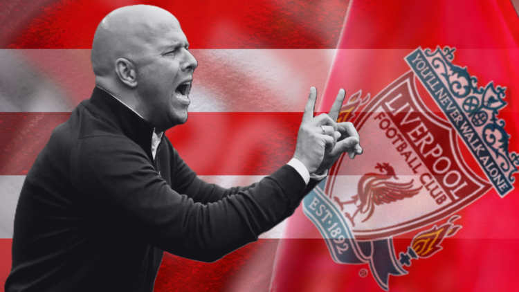 Black-and-white composite image of Arne Slot and the Liverpool badge on a corner flag