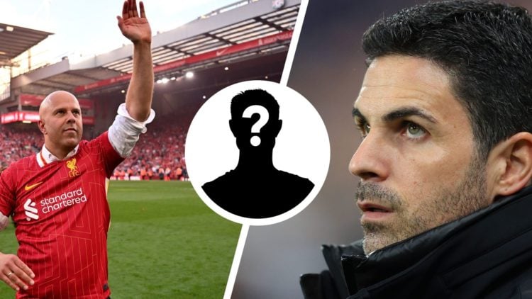 Split Image of Arne Slot head coach of Liverpool and Mikel Arteta with inset of mystery player