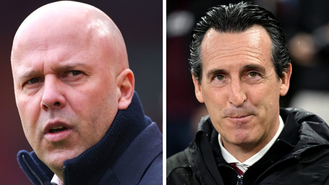 Split Image of Arne Slot manager/head coach of Liverpool and Unai Emery, Manager of Aston Villa