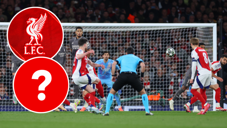 Arsenal midfielder Declan Rice scores free-kick vs Real Madrid. Inset of Liverpool badge and question mark.