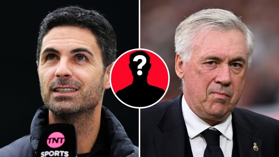Split Image of Mikel Arteta, manager of Arsenal, speaks with TNT Sports prior to the Premier League match and Carlo Ancelotti, Head Coach of Real M...