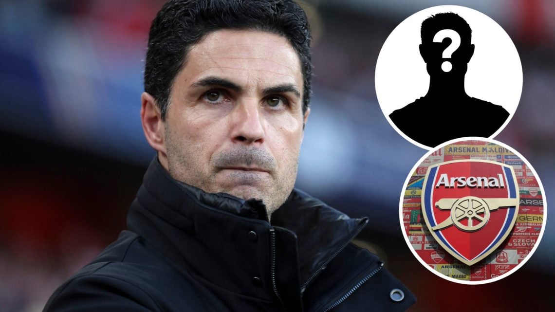 Mikel Arteta, Manager of Arsenal with insets of Detailed view of the Arsenal badge and mystery player