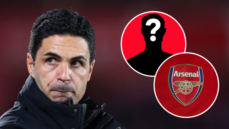 Image of Mikel Arteta looking serious with insets of the Arsenal badge and a mystery player