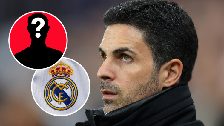 Arsenal manager Mikel Arteta. Inset of Mystery player and Real Madrid badge.