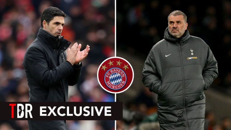 Mikel Arteta clapping split with Ange Postecoglou looking on. Inset, Bayern Munich badge.