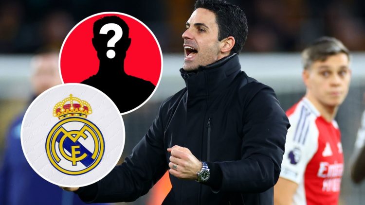 Arsenal manager Mikel Arteta celebrates at full-time and insets of mystery player and insets of mystery player and A detailed view of the badge of ...