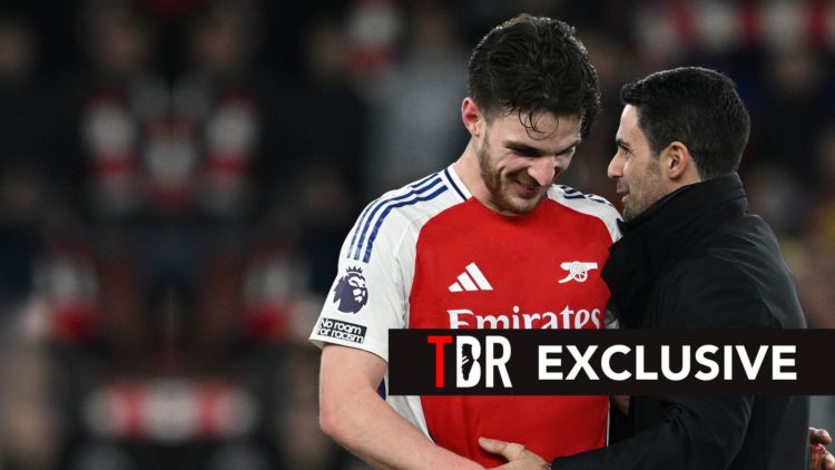 Arsenal Manager Mikel Arteta chats to Declan Rice after the Premier League match between Arsenal FC and Manchester City FC at Emirates Stadium. Ove...