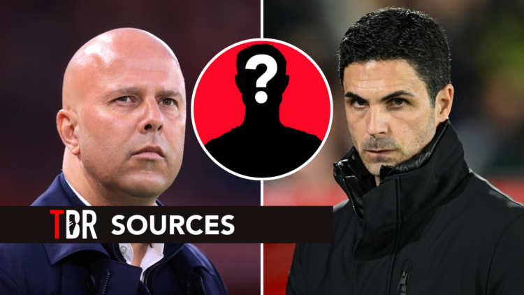 Split image of Liverpool manager Arne Slot (L) and Arsenal manager Mikel Arteta (R). Inset of mystery player.