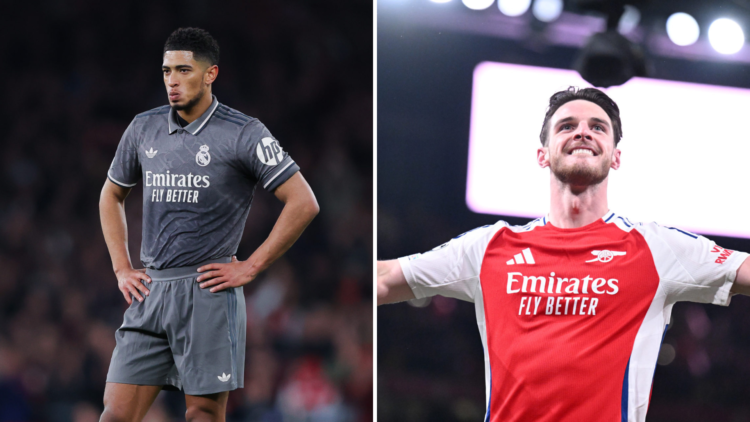 Split image of (L) Real Madrid star Jude Bellingham looking dejected and (R) Arsenal star Declan Rice celebrating a goal