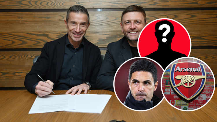 Arsenal's new sporting director Andrea Berta. Inset of Arsenal manager Mikel Arteta, Arsenal badge and mystery player.