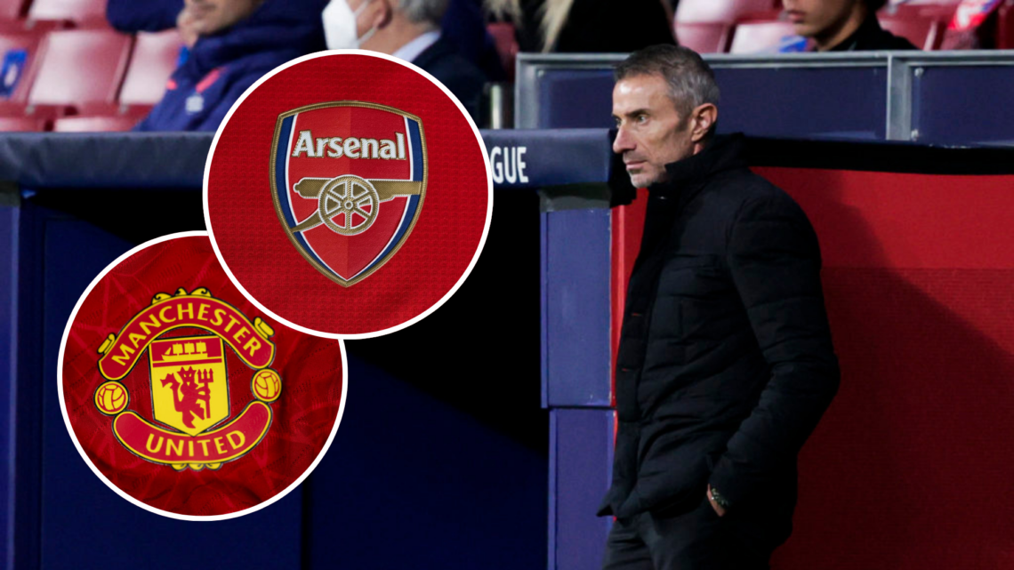 Image of Andrea Berta looking on during an Atletico Madrid game with insets of the Arsenal and Manchester United badges