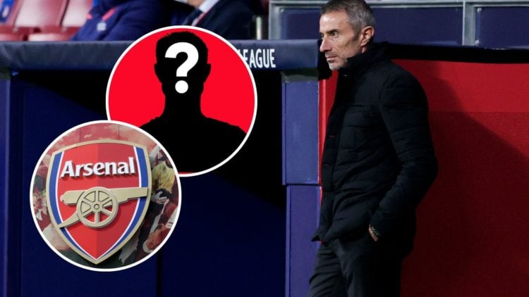 Sport Director Andrea Berta of Atletico Madrid during the UEFA Champions League match and insets of Detailed view of the Arsenal badge and mystery ...