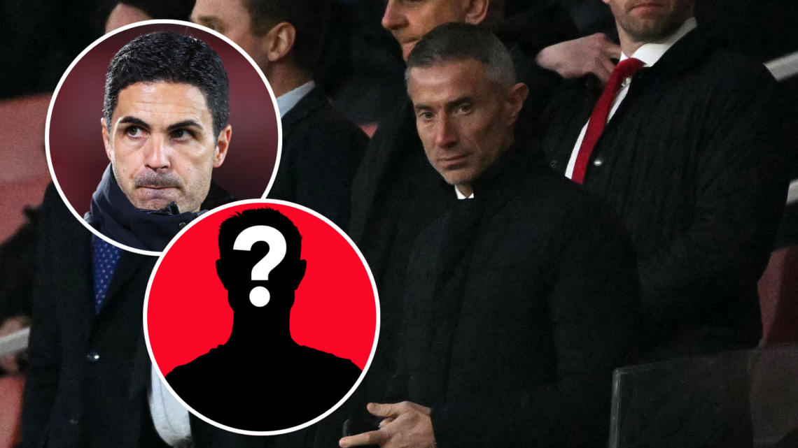 Arsenal sporting director Andrea Berta. Inset of Arsenal manager Mikel Arteta and mystery player.