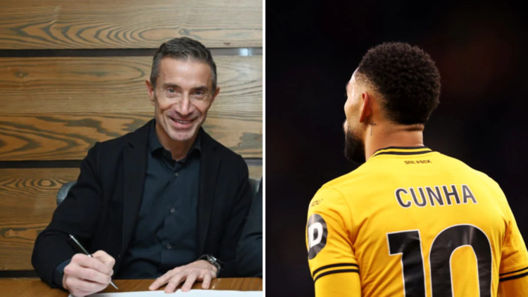 Split image of (L) Andrea Berta signing his Arsenal contract and (R) Matheus Cunha during a Wolves game