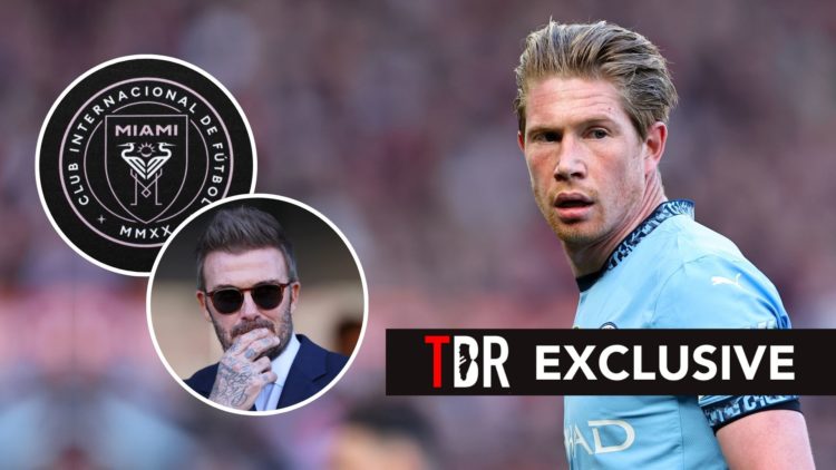 Kevin De Bruyne of Manchester City during the Premier League match between Manchester United FC and Manchester City FC. Inset, David Beckham and th...