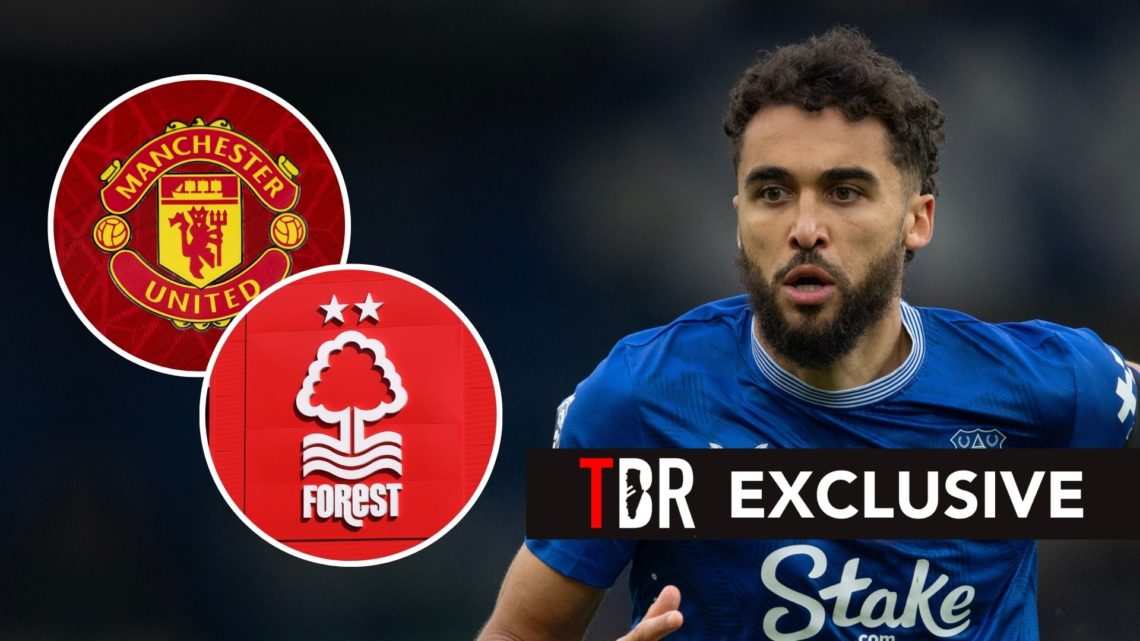 Dominic Calvert-Lewin of Everton in action during the Premier League match between Everton FC and Tottenham Hotspur FC. Inset, the badges of Nottin...