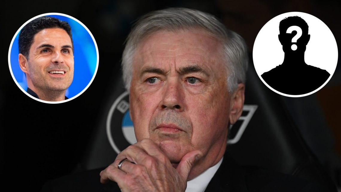 Carlo Ancelotti, Head Coach of Real Madrid, looks on and inset of Mikel Arteta, head coach of Arsenal FC, speaks and mystery player