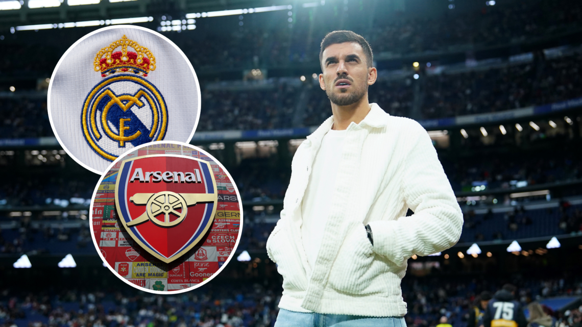 Real Madrid midfielder Dani Ceballos. Insets of Real Madrid badge and Arsenal badge.