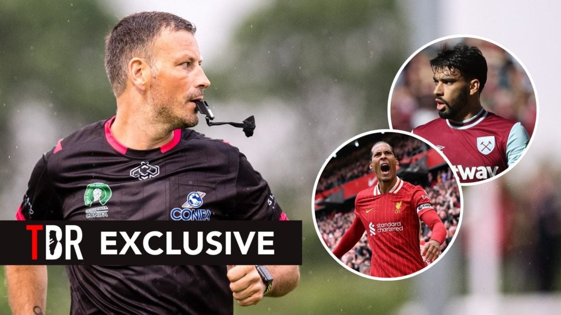 Mark Clattenburg during the CONIFA World Football Cup 2018 Final match between Northern Cyprus and Karpatalya. Inset, Virgil Van Dijk celebrating a...