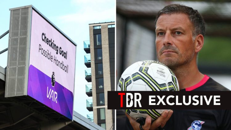 Split image as The big screens show VAR checking a possible handball during the Premier League match, and Referee Mark Clattenburg during Conifa Pa...