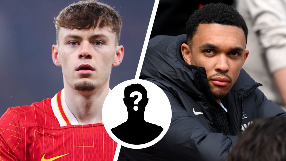 plit Image of Conor Bradley of Liverpool and Trent Alexander-Arnold with inset of mystery player
