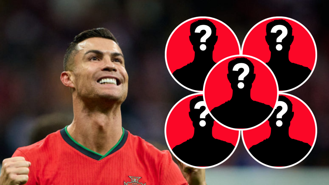 Image of Cristiano Ronaldo celebrating while playing for Portugal with five mystery player insets