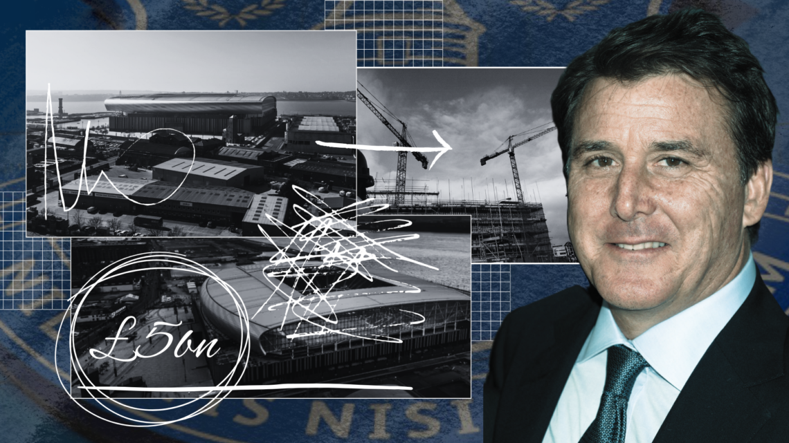 Everton owner Dan Friedkin accompanied by three images of the Bramley Moore Dock stadium site, with '£5bn' wordage and illustration effect