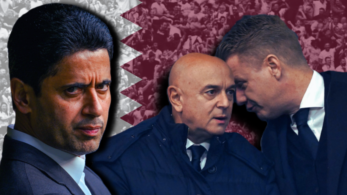 Qatar Sports Investment president Nasser Al-Khelaifi and Tottenham chairman Daniel Levy superimposed over an image of the Qatar flag
