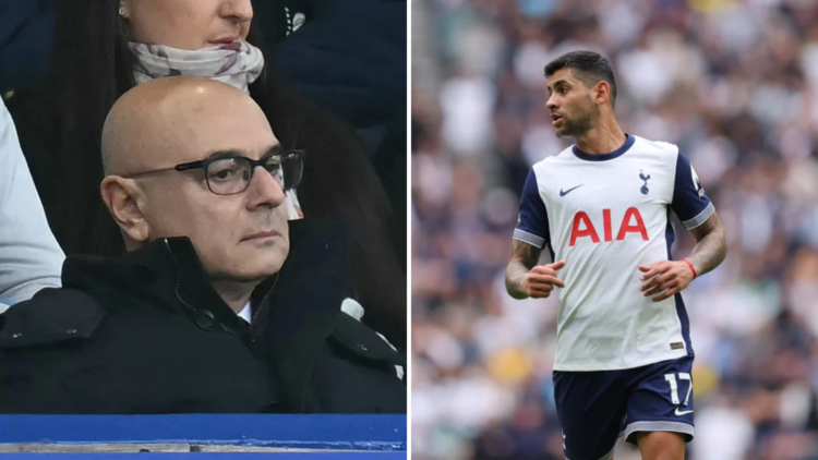 Split image of (L) Daniel Levy looking on and (R) Cristian Romero playing for Tottenham