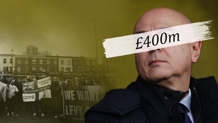 Black and white cutstom image of Tottenham protests, with Daniel Levy and '£400m' wordage
