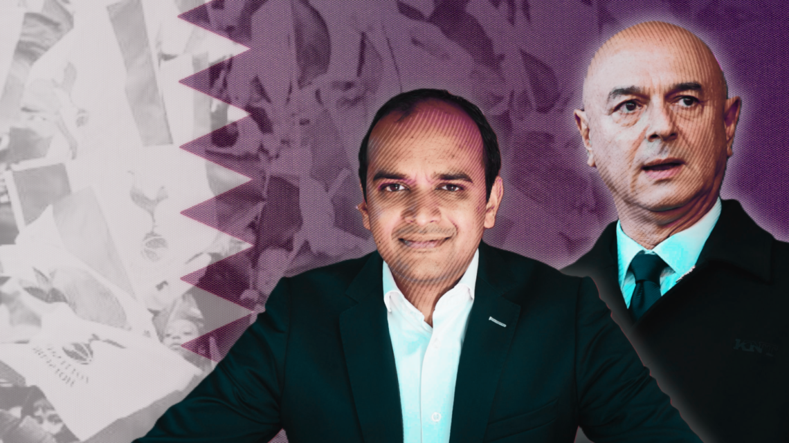 Vinai Venkatesham and Daniel Levy superimposed over an image of Tottenham fans and the Qatar flag