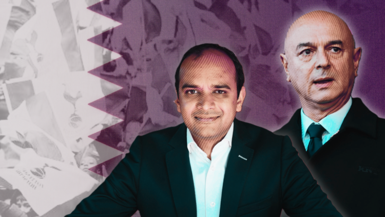 Vinai Venkatesham and Daniel Levy superimposed over an image of Tottenham fans and the Qatar flag