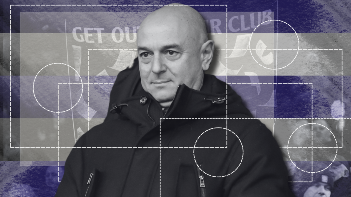 An illustration design of Daniel Levy in black-and-white, superimposed over an image of Tottenham protests