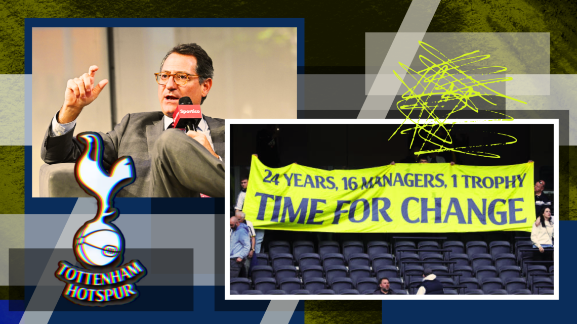 Composite image of David Blitzer, the Tottenham badge and protests, with illustration embellishment