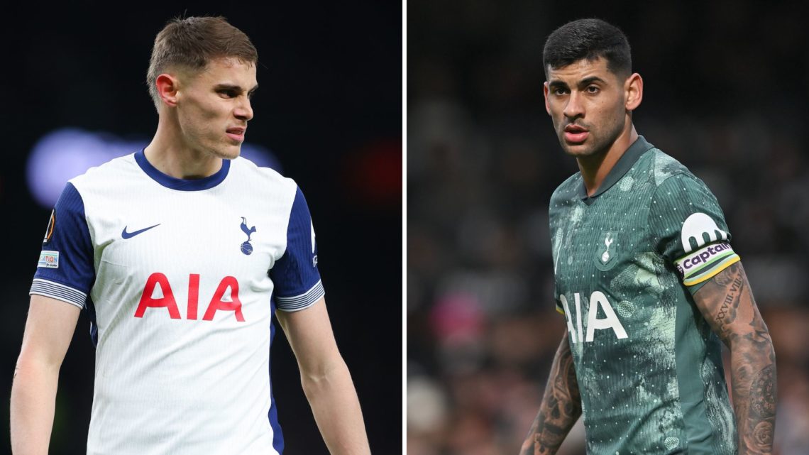 Split image of Micky van de Ven of Tottenham Hotspur during the UEFA Europa League 2024/25 Round of 16 Second Leg match, and Cristian Romero of Tot...