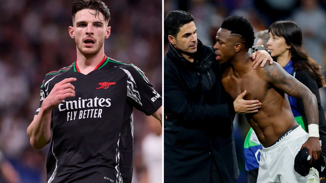 Split Image of Declan Rice of Arsenal FC seen in action during the UEFA Champions League and head coach Mikel Arteta of Arsenal and Vinicius Junior...