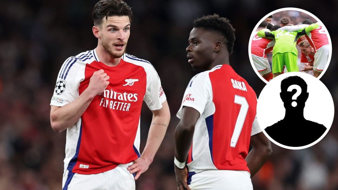Declan Rice of Arsenal speaks with Bukayo Saka of Arsenal with insets of Martin Odegaard of Arsenal gives a team talk and mystery player