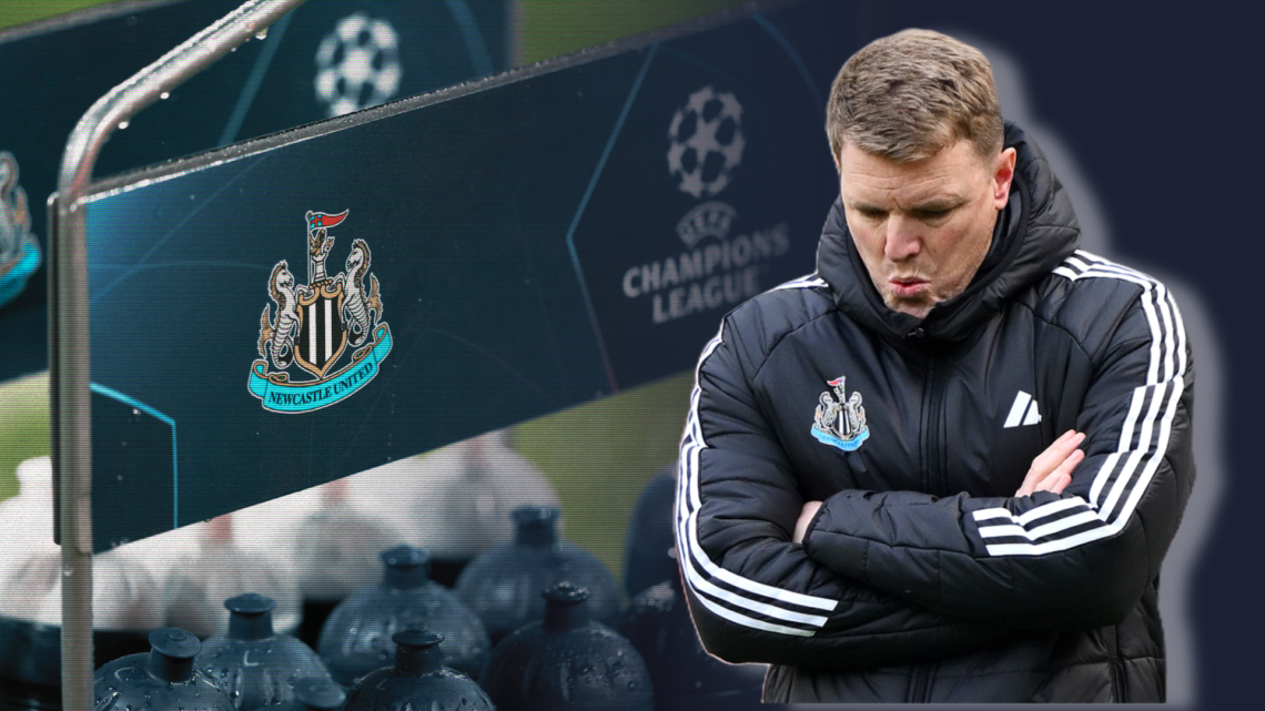Composite image of Eddie Howe and a drinks bottle carrier with the Newcastle United and Champions League badges