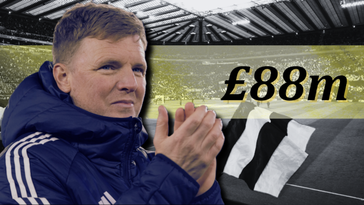 Newcastle United manager Eddie Howe claps fans with a superimposed over a general view of St James' Park and '£88m' wordage