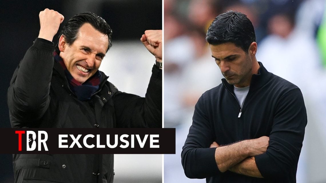 Split image of Unai Emery celebrating and Mikel Arteta looking dejected.