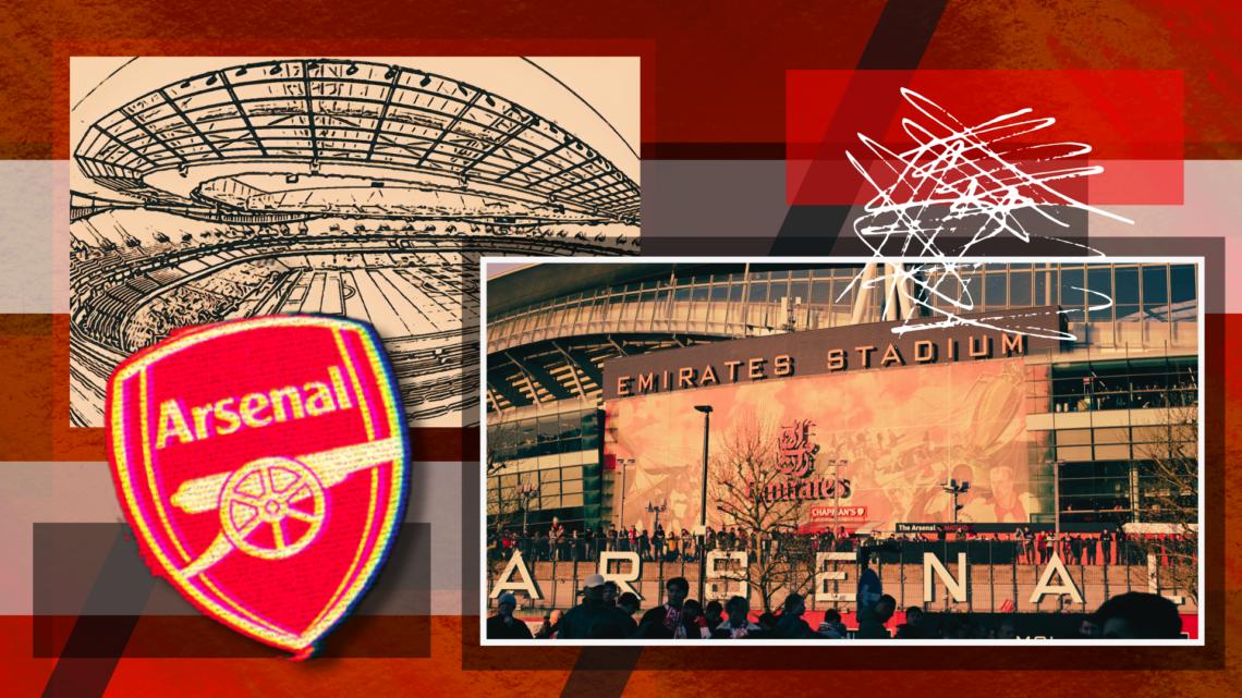 Two images of the Emirates Stadium and the Arsenal badge, with illustration effect
