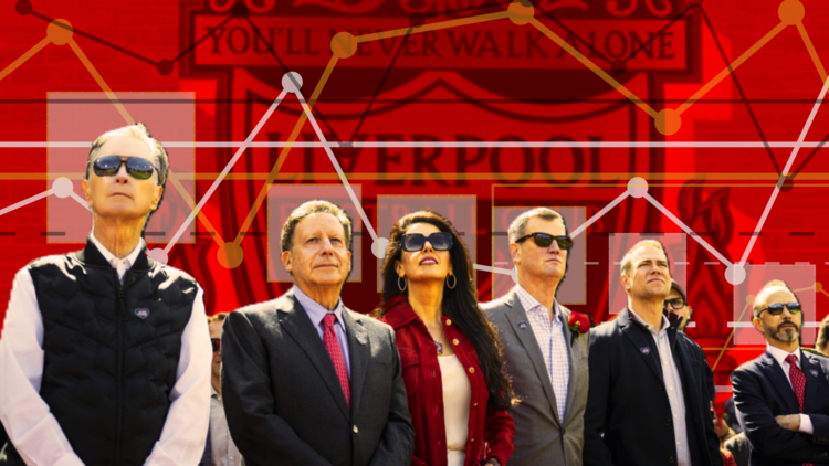 FSG board lined up in front of the Liverpool badge, composite image