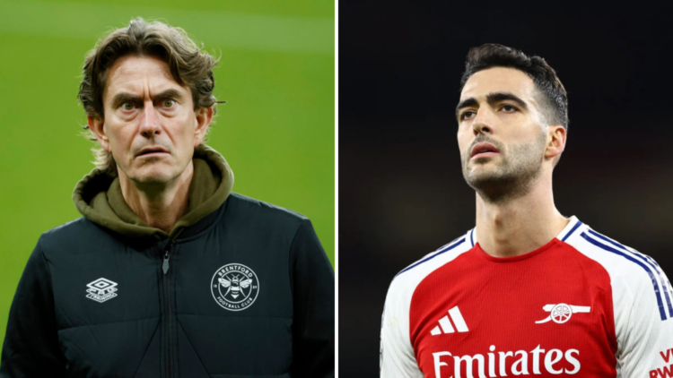 Split image of (L) Brentford manager Thomas Frank looking on and (R) Mikel Merino in an Arsenal game