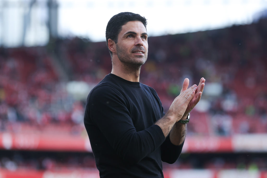 Mikel Arteta applauds the fans after Arsenal's Premier League match against Everton.